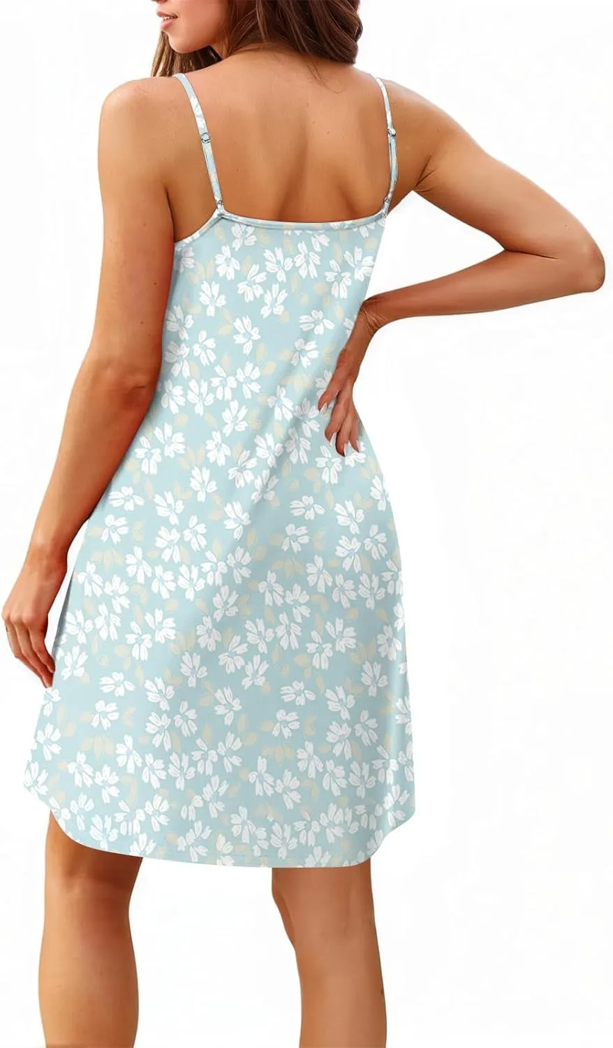 GOFULY Womens Nightgown Adjustable Spaghetti Strap Summer Dresses Floral Print Scoop Neck Sleeveless Sleepwear With Pocket