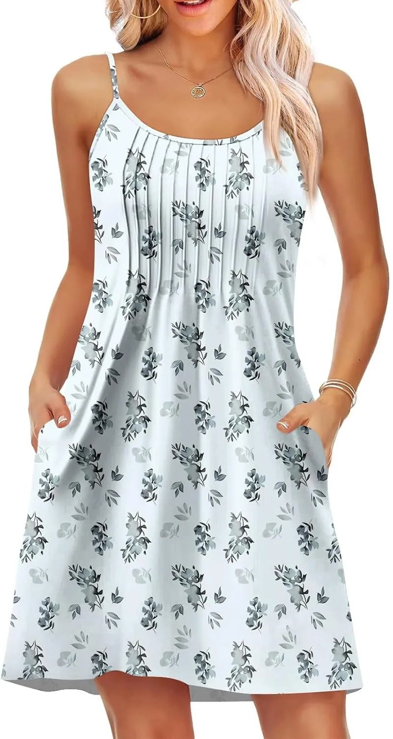 GOFULY Womens Nightgown Adjustable Spaghetti Strap Summer Dresses Floral Print Scoop Neck Sleeveless Sleepwear With Pocket