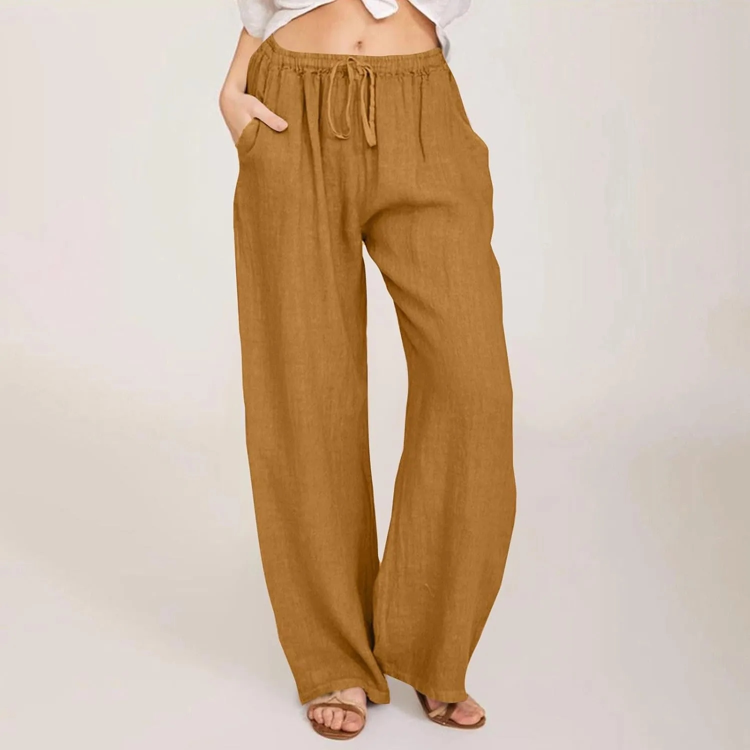 GOFULY Women's Pants Casual Elastic Waist Drawstring Sumemr Pants Straight Wide Leg High Waisted with Pockets Comfy Trousers