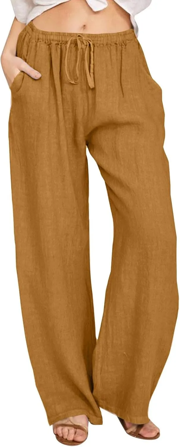 GOFULY Women's Pants Casual Elastic Waist Drawstring Sumemr Pants Straight Wide Leg High Waisted with Pockets Comfy Trousers