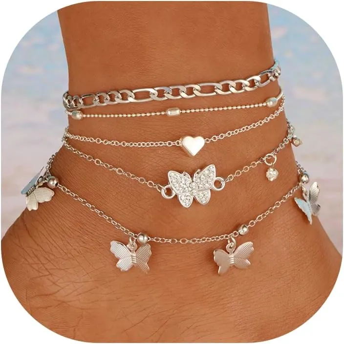 Gold Ankle Bracelets for Women 14k Gold Plated Cuban Link Pearl Butterfly Anklets Set Layered Chain Adjustable Size Beach Jewelry