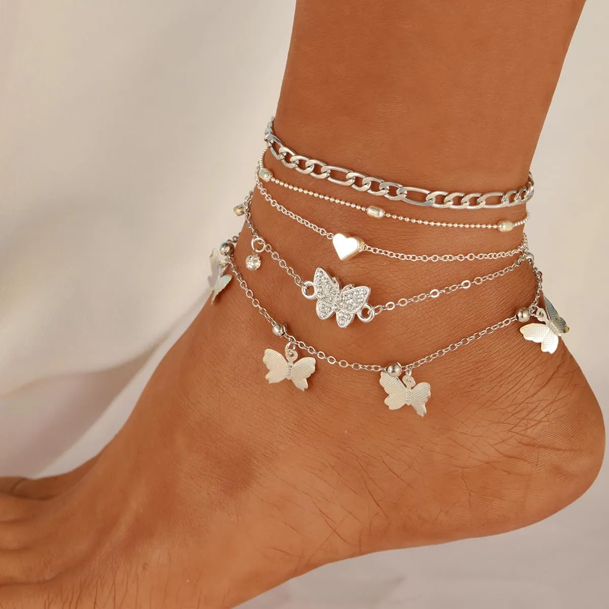 Gold Ankle Bracelets for Women 14k Gold Plated Cuban Link Pearl Butterfly Anklets Set Layered Chain Adjustable Size Beach Jewelry