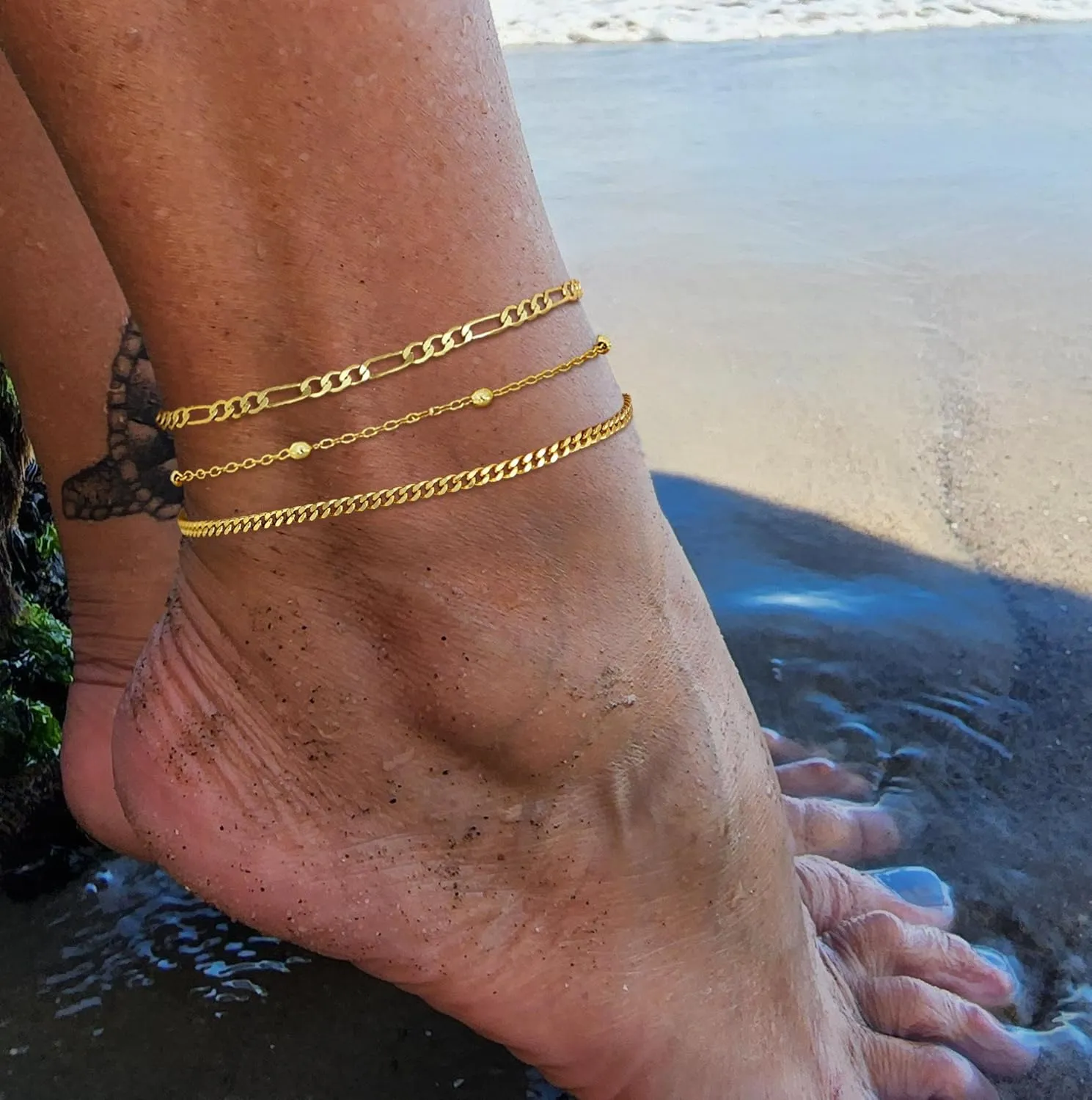 Gold Ankle Bracelets for Women, 14k Silver/Gold Anklets for Women Waterproof Layered Figaro Cuban Link Cuban Anklet Set Silver Ankle Bracelets for Women Summer Beach Jewelry Gifts