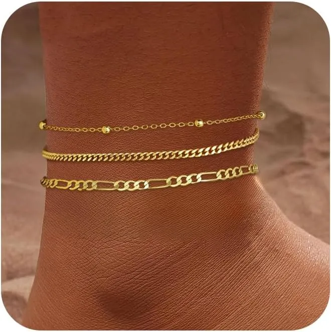 Gold Ankle Bracelets for Women, 14k Silver/Gold Anklets for Women Waterproof Layered Figaro Cuban Link Cuban Anklet Set Silver Ankle Bracelets for Women Summer Beach Jewelry Gifts