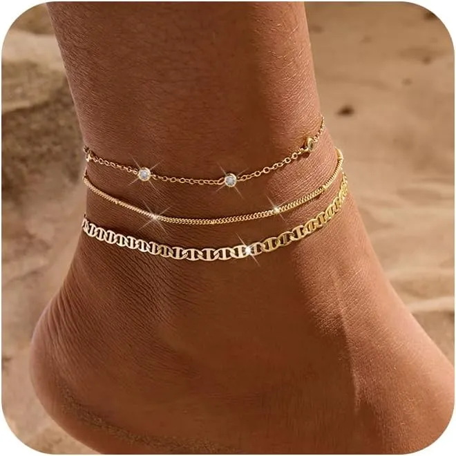Gold Ankle Bracelets for women,14k Gold/Silver Plated Waterproof Layered lightweight Cuban Link Figaro Chain Heart anklet butterfly anklet Pearl Ankle Bracelets Set Gold Anklets for women Trendy Jewelry Gift for Women
