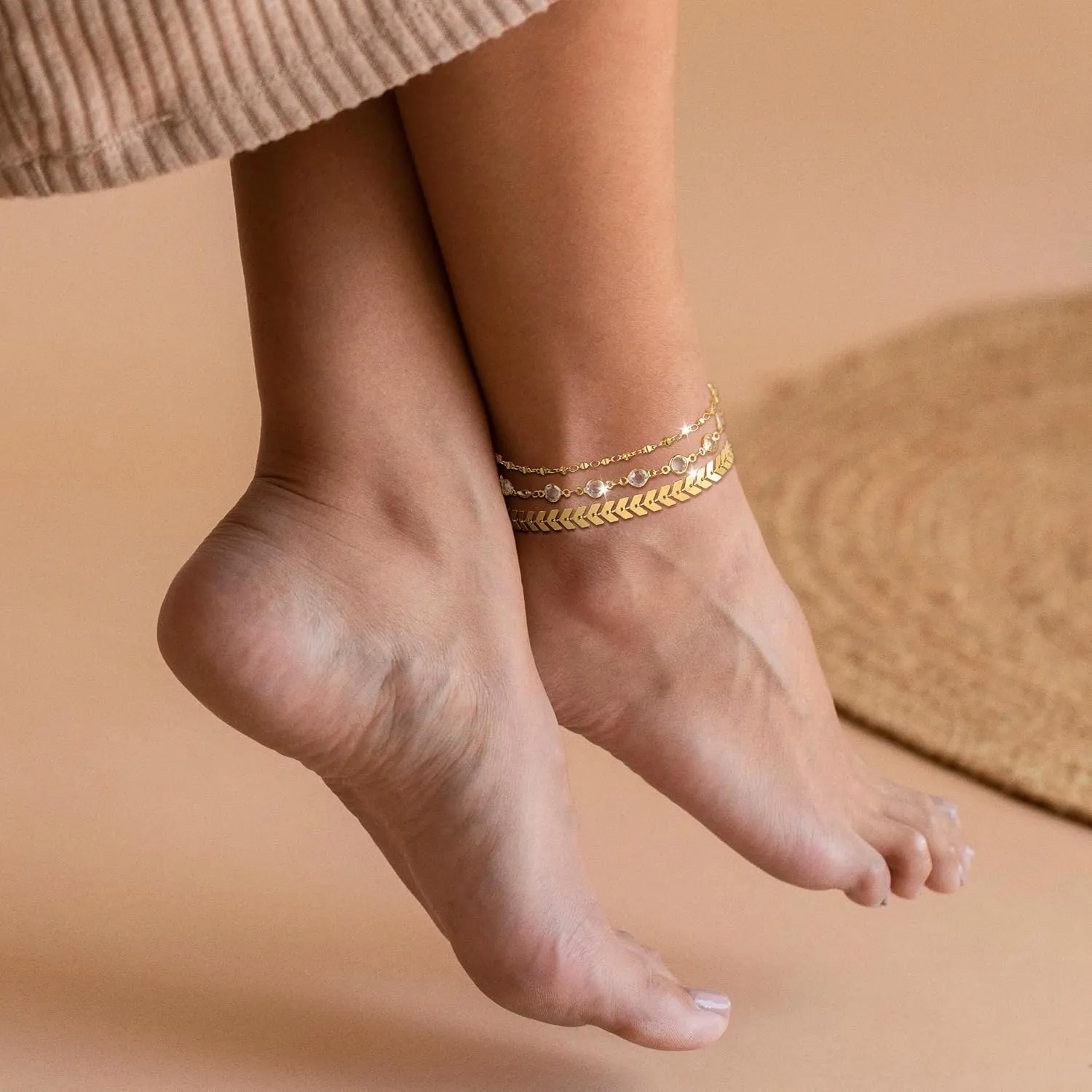 Gold Anklets for Women - Waterproof Cuban Link Heart Beads Anklets Set Layered Anklet Bracelets for Women Gold Jewelry