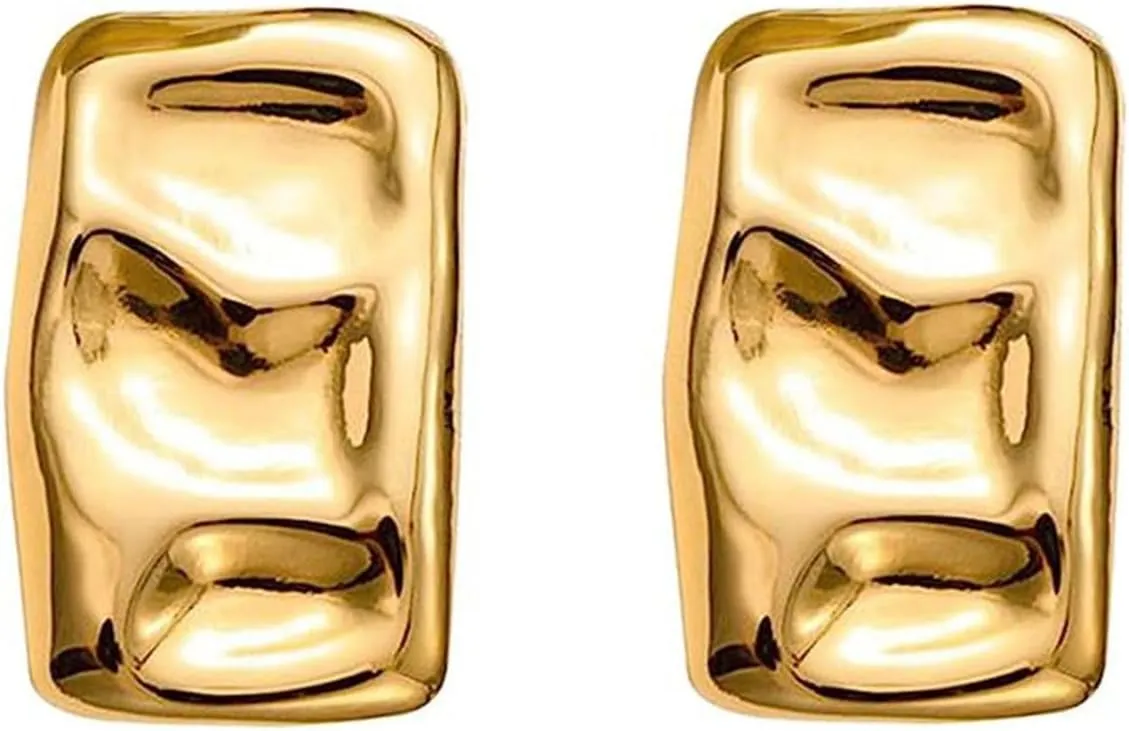 Gold Chunky Earrings for Women, Simple Trendy Geometric Rectangle Gold Plated Stud Earrings Thick Square Drop Piercing Earrings for Girls Jewelry Gifts