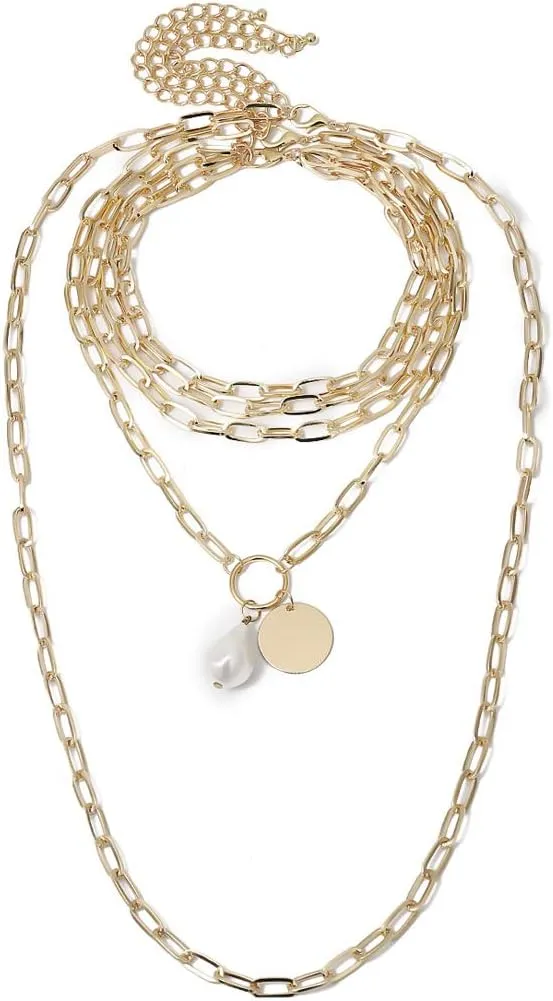 Gold Layered Necklace Coin Pendant Baroque Pearl Keychain Statement Long Necklace Multilayer Chokers for Women
