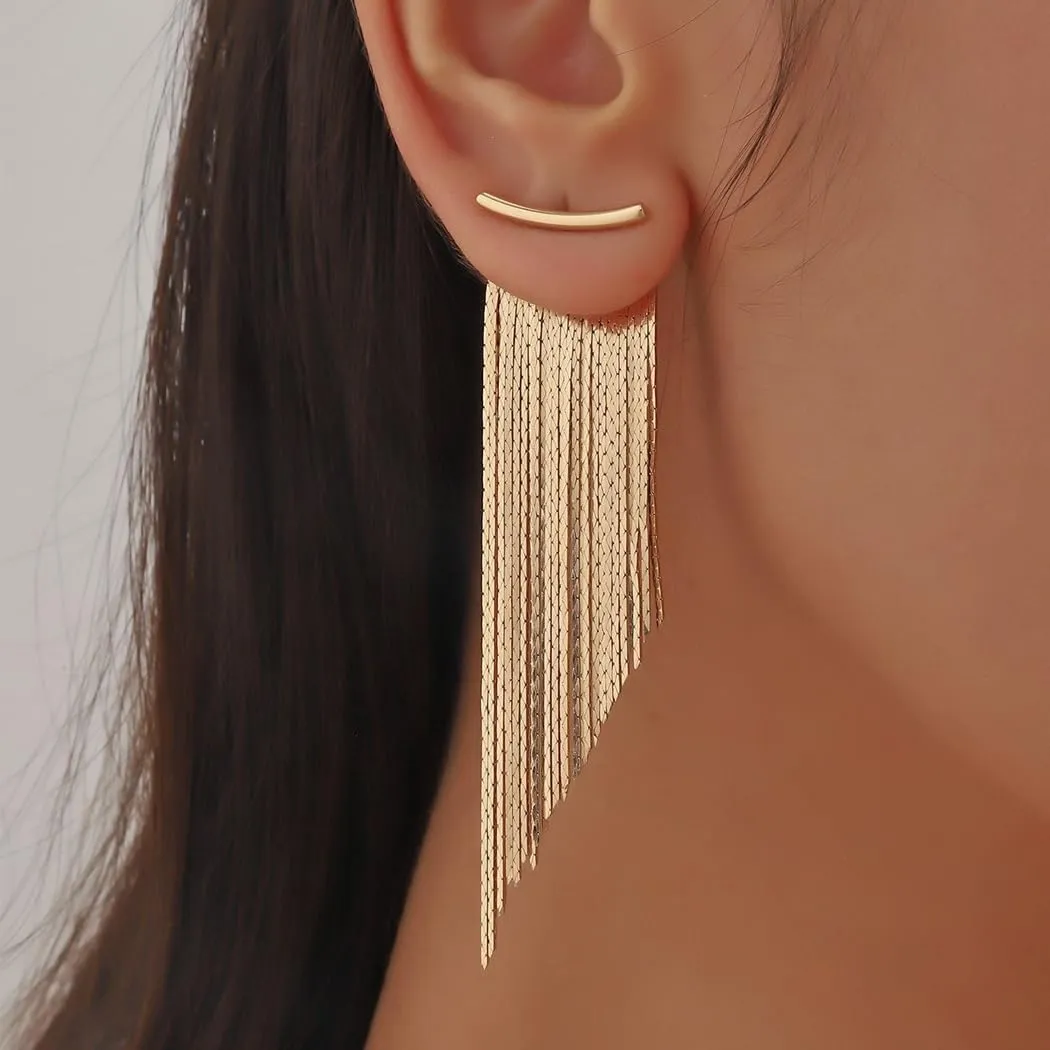 Gold Long Tassel Chain Earrings for Women Irregular Silver Metal Chandelier Drop Dangle Ear Jacket Earrings Simple Fringe Jewelry Gifts