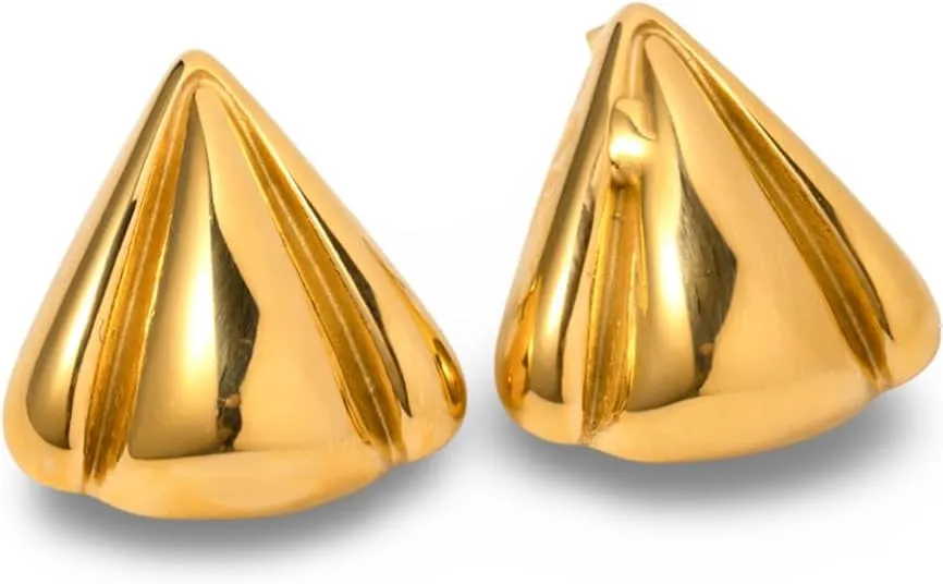 Gold Plated Stainless Steel Chunky Geometric Triangle Stud Earrings for Women, High Polish Textured Design