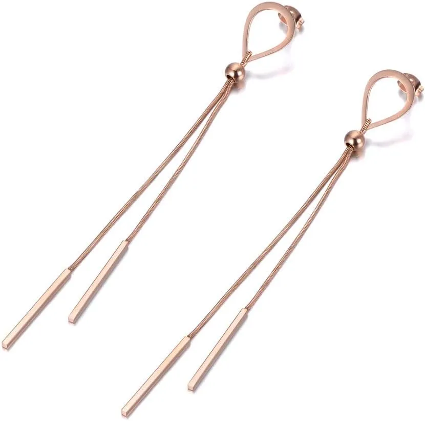 Gold Plated Stainless Steel Tassel Dangle Earrings for Women, Geometric Bar Detail