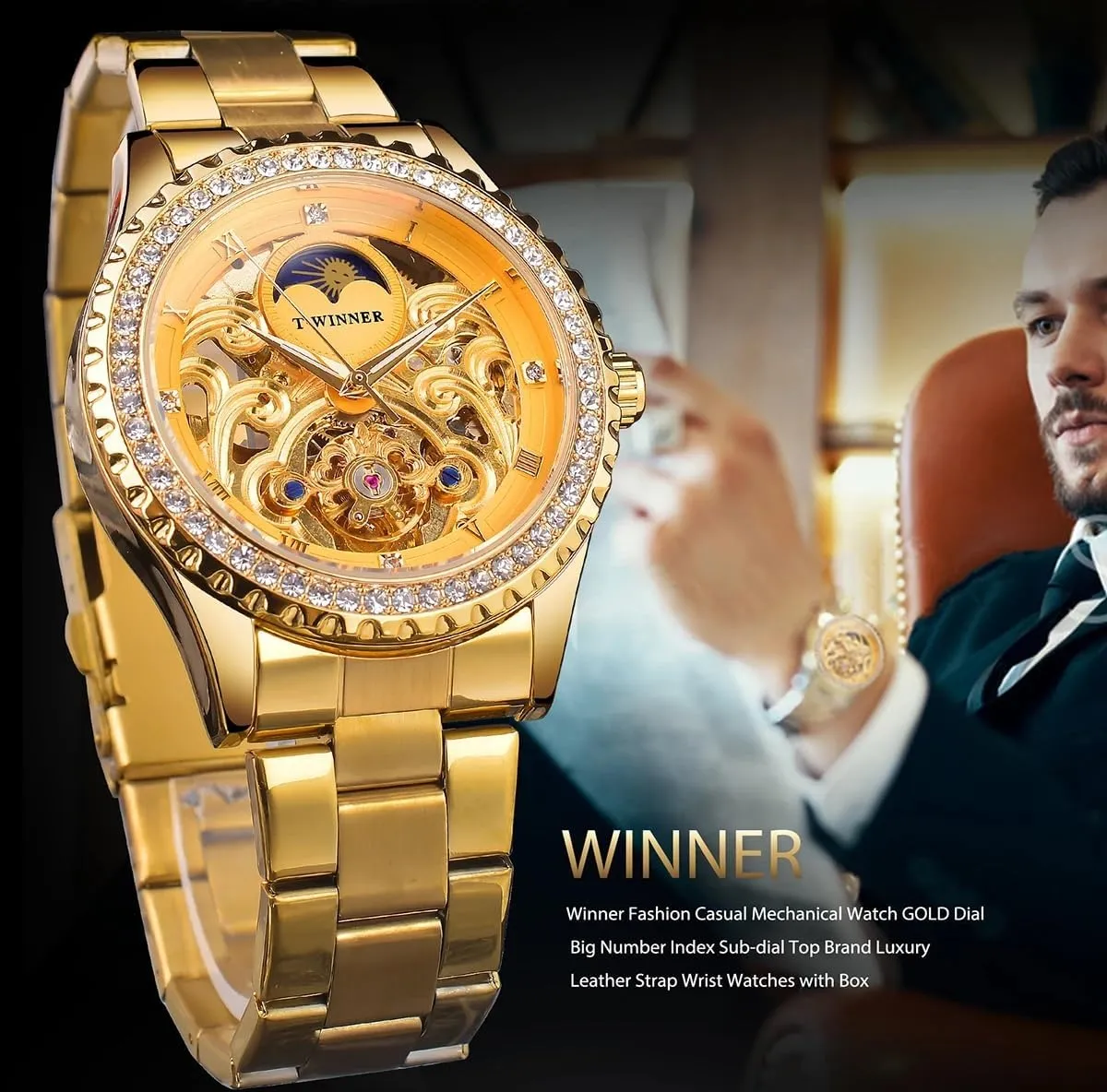 Golden Moon Phase Design Luxury Retro Style Watch Diamond Stainless Steel Bracelet Skeleton Tourbillon Men Automatic Mechanical Watches
