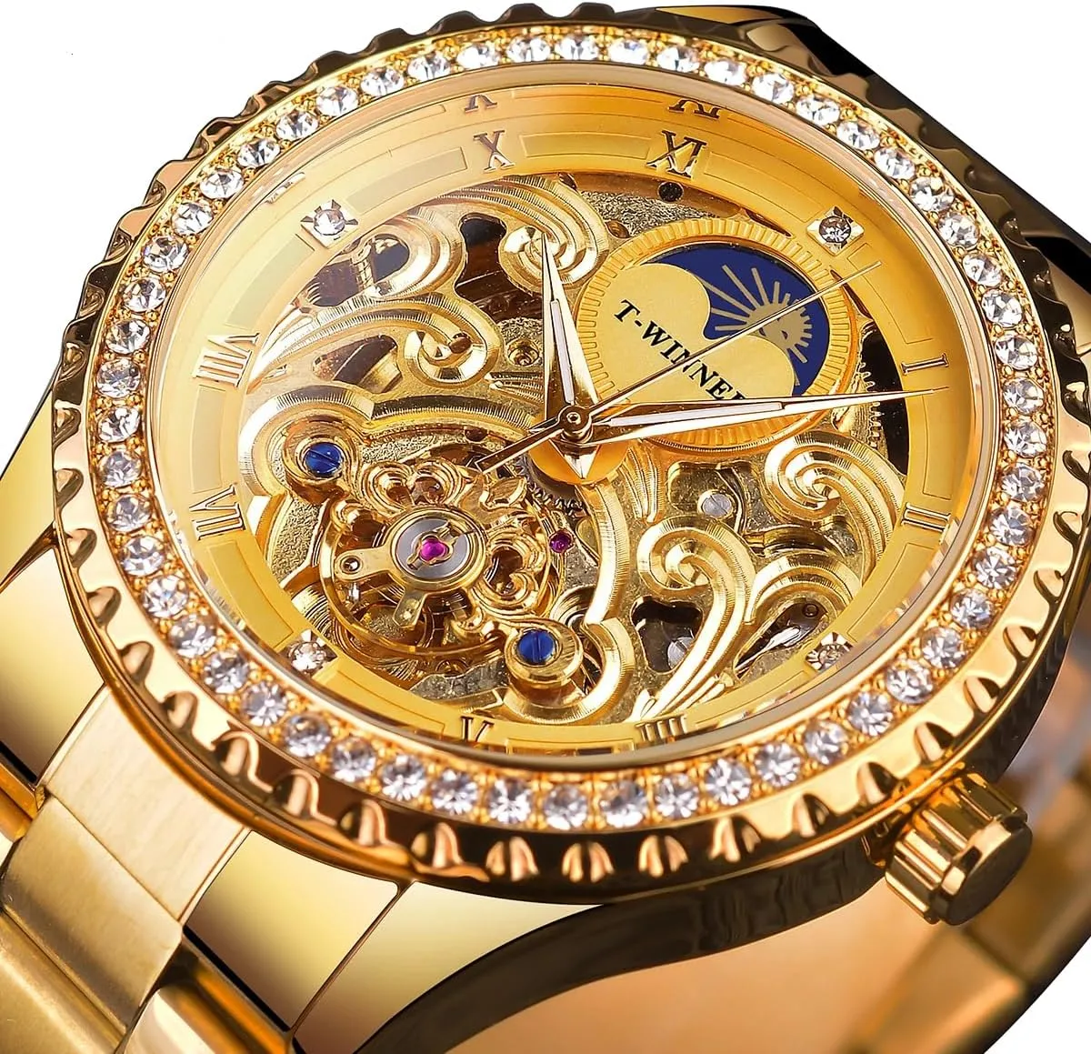 Golden Moon Phase Design Luxury Retro Style Watch Diamond Stainless Steel Bracelet Skeleton Tourbillon Men Automatic Mechanical Watches