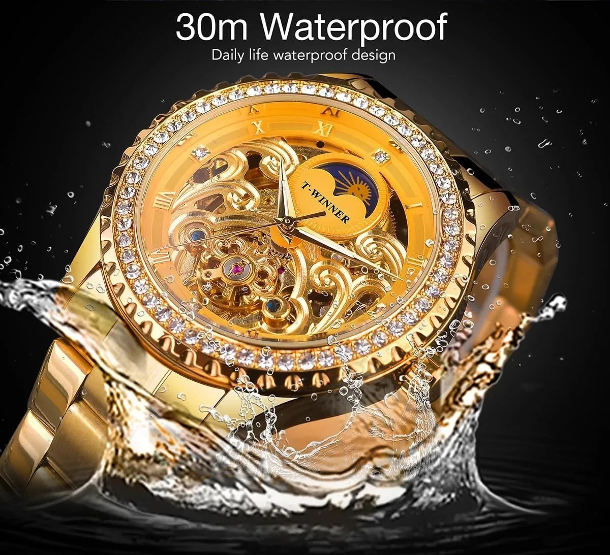 Golden Moon Phase Design Luxury Retro Style Watch Diamond Stainless Steel Bracelet Skeleton Tourbillon Men Automatic Mechanical Watches