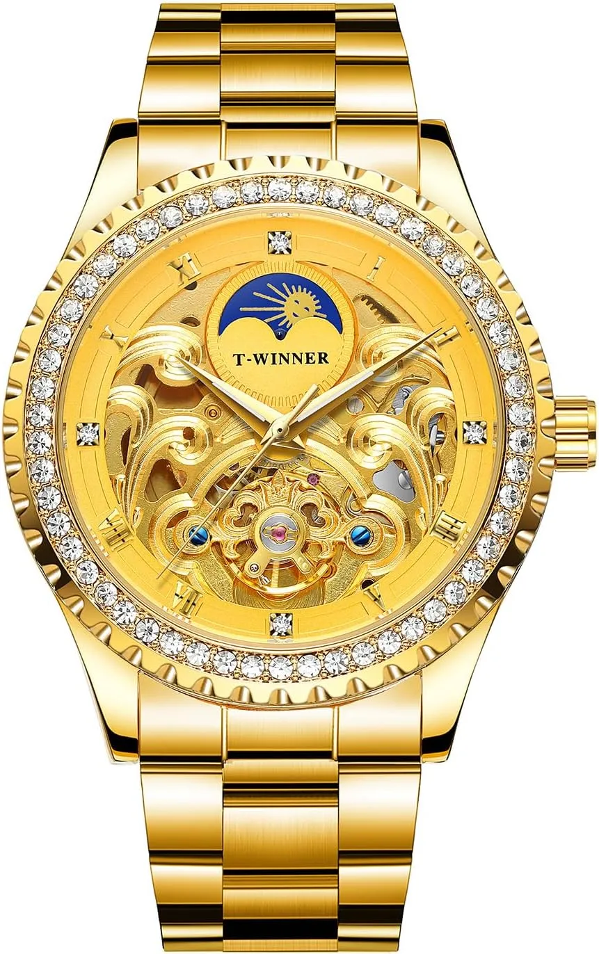 Golden Moon Phase Design Luxury Retro Style Watch Diamond Stainless Steel Bracelet Skeleton Tourbillon Men Automatic Mechanical Watches