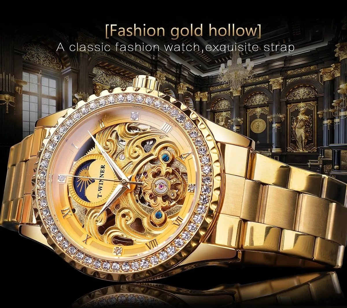 Golden Moon Phase Design Luxury Retro Style Watch Diamond Stainless Steel Bracelet Skeleton Tourbillon Men Automatic Mechanical Watches
