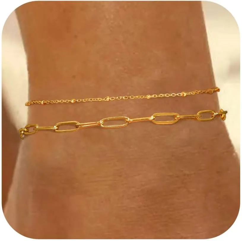 Gold/Silver Anklets for Women, 14K Gold Plated Anklets for Women Waterproof Beads Cuban Herringbone Tennis Paperclip Ankle Bracelets Stack Set Summer Beach Foot Bracelets Gold Jewelry Gifts