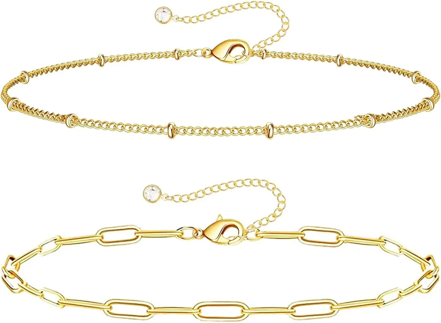 Gold/Silver Anklets for Women, 14K Gold Plated Anklets for Women Waterproof Beads Cuban Herringbone Tennis Paperclip Ankle Bracelets Stack Set Summer Beach Foot Bracelets Gold Jewelry Gifts