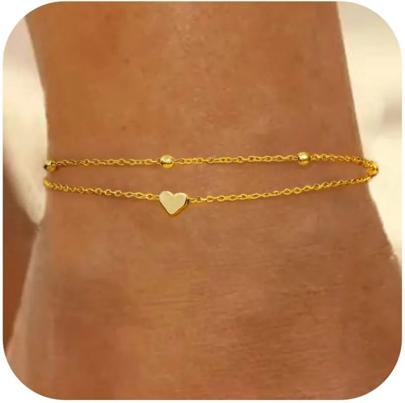 Gold/Silver Anklets for Women, 14K Gold Plated Anklets for Women Waterproof Beads Cuban Herringbone Tennis Paperclip Ankle Bracelets Stack Set Summer Beach Foot Bracelets Gold Jewelry Gifts