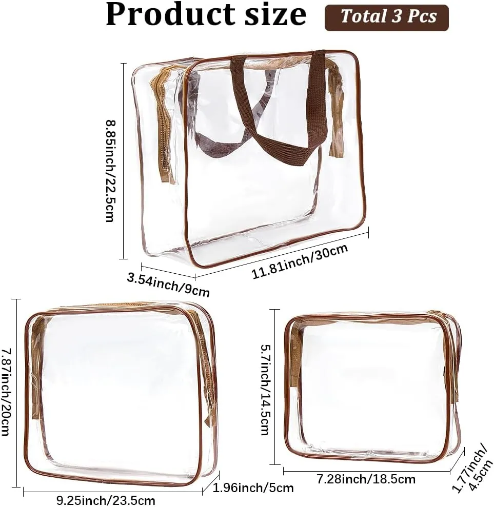 GORGECRAFT 3 Sizes Clear Cosmetic Pouch PVC Travel Toiletry Bags Large Capacity Camel Waterproof Transparent Rectangle Organizer Skincare Makeup Bag Kit with Zipper Handle Straps for Women Men