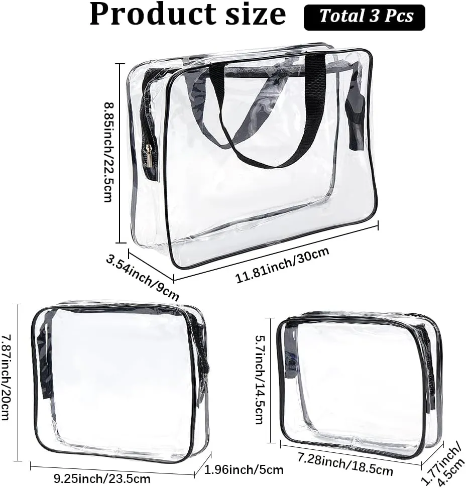 GORGECRAFT 3 Sizes Clear Makeup Bags PVC Travel Toiletry Bag Kit Large Capacity Black Waterproof Transparent Rectangle Organizer Cosmetic Skincare Pouch with Zipper Handle Straps for Women Men