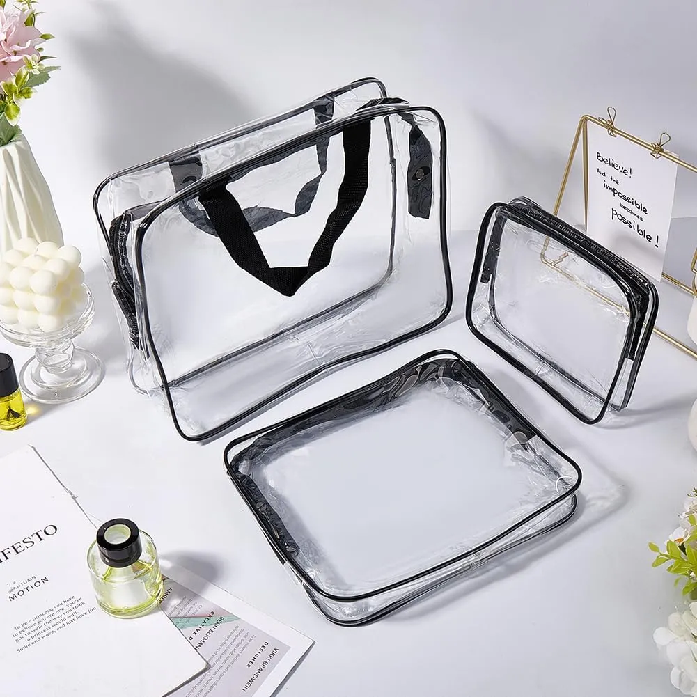 GORGECRAFT 3 Sizes Clear Makeup Bags PVC Travel Toiletry Bag Kit Large Capacity Black Waterproof Transparent Rectangle Organizer Cosmetic Skincare Pouch with Zipper Handle Straps for Women Men