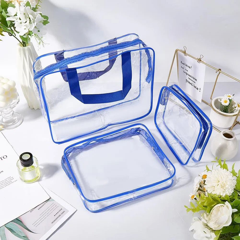 GORGECRAFT 3 Sizes PVC Travel Toiletry Bags Clear Blue Makeup Bag Kit Large Capacity Waterproof Transparent Rectangle Organizer Cosmetic Skincare Pouch with Zipper Handle Straps for Women Men