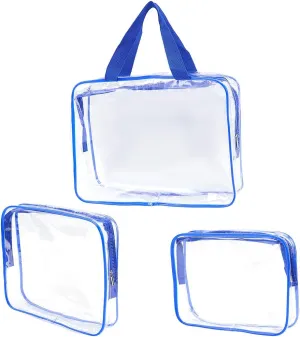 GORGECRAFT 3 Sizes PVC Travel Toiletry Bags Clear Blue Makeup Bag Kit Large Capacity Waterproof Transparent Rectangle Organizer Cosmetic Skincare Pouch with Zipper Handle Straps for Women Men