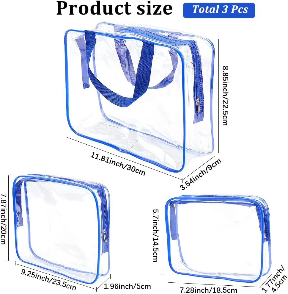 GORGECRAFT 3 Sizes PVC Travel Toiletry Bags Clear Blue Makeup Bag Kit Large Capacity Waterproof Transparent Rectangle Organizer Cosmetic Skincare Pouch with Zipper Handle Straps for Women Men