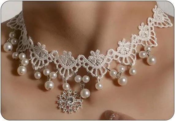 Gothic Black Lace Choker Necklace with Crystal Tassel Ruby Gemstone Charm Pendant Collar Necklace White Lace Bridal Accessories Halloween Punk Costume Jewelry