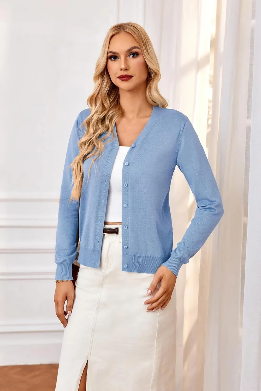 GRACE KARIN Women's Long Sleeve Button Down Vee Neck Classic Sweater Knit Cardigan