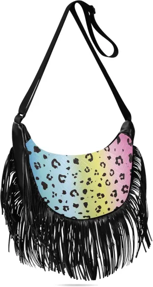 Gradient Colored Leopard Print Fringe Bag for Women Cross Body Bag Tassel Shoulder Bag Satchel