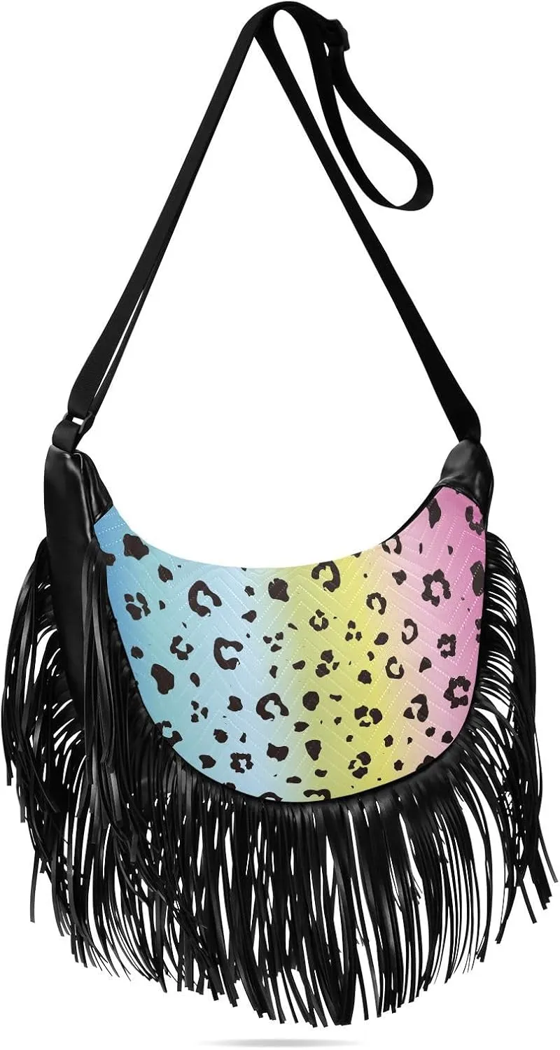 Gradient Colored Leopard Print Fringe Bag for Women Cross Body Bag Tassel Shoulder Bag Satchel