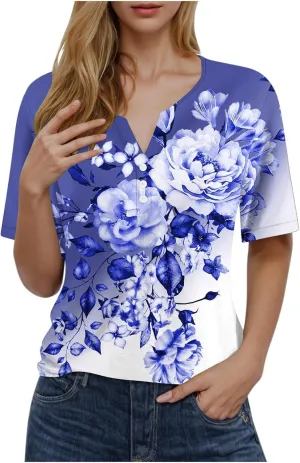 Graphic Tees for Women Vintage Floral Print Short Sleeve Button Down Shirts Casual Loose Boho Tops Bohemian Clothes