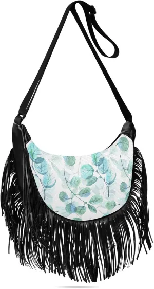 Green Eucalyptus Leaves Fringe Bag for Women Cross Body Bag Tassel Shoulder Bag Satchel
