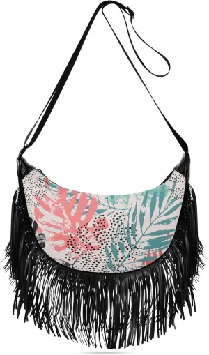 Grunge Tropical Palm Leaves Fringe Bag for Women Cross Body Bag Tassel Shoulder Bag Satchel