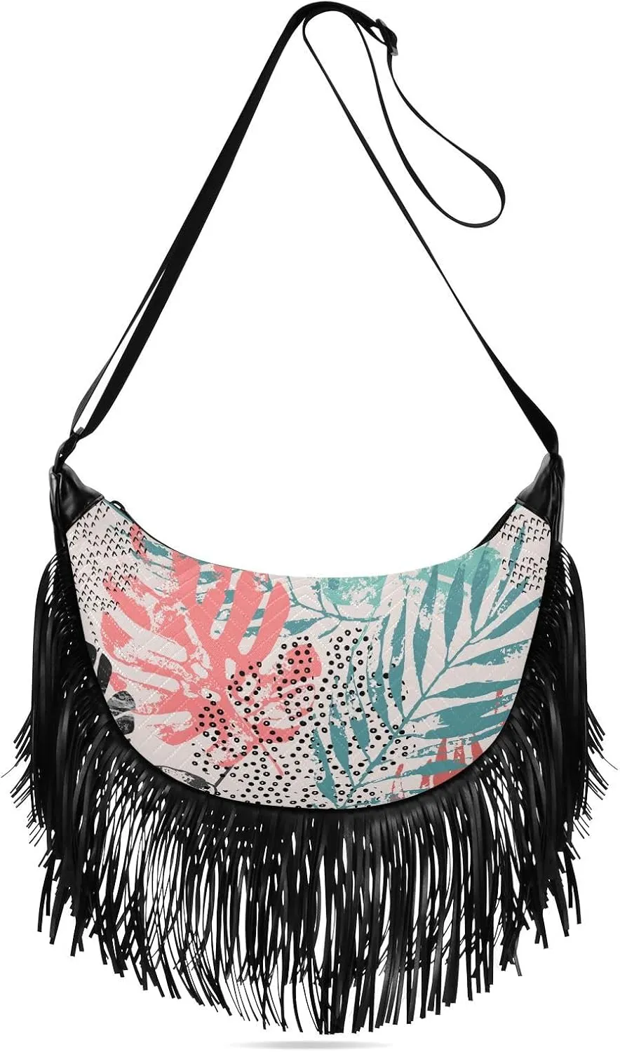 Grunge Tropical Palm Leaves Fringe Bag for Women Cross Body Bag Tassel Shoulder Bag Satchel