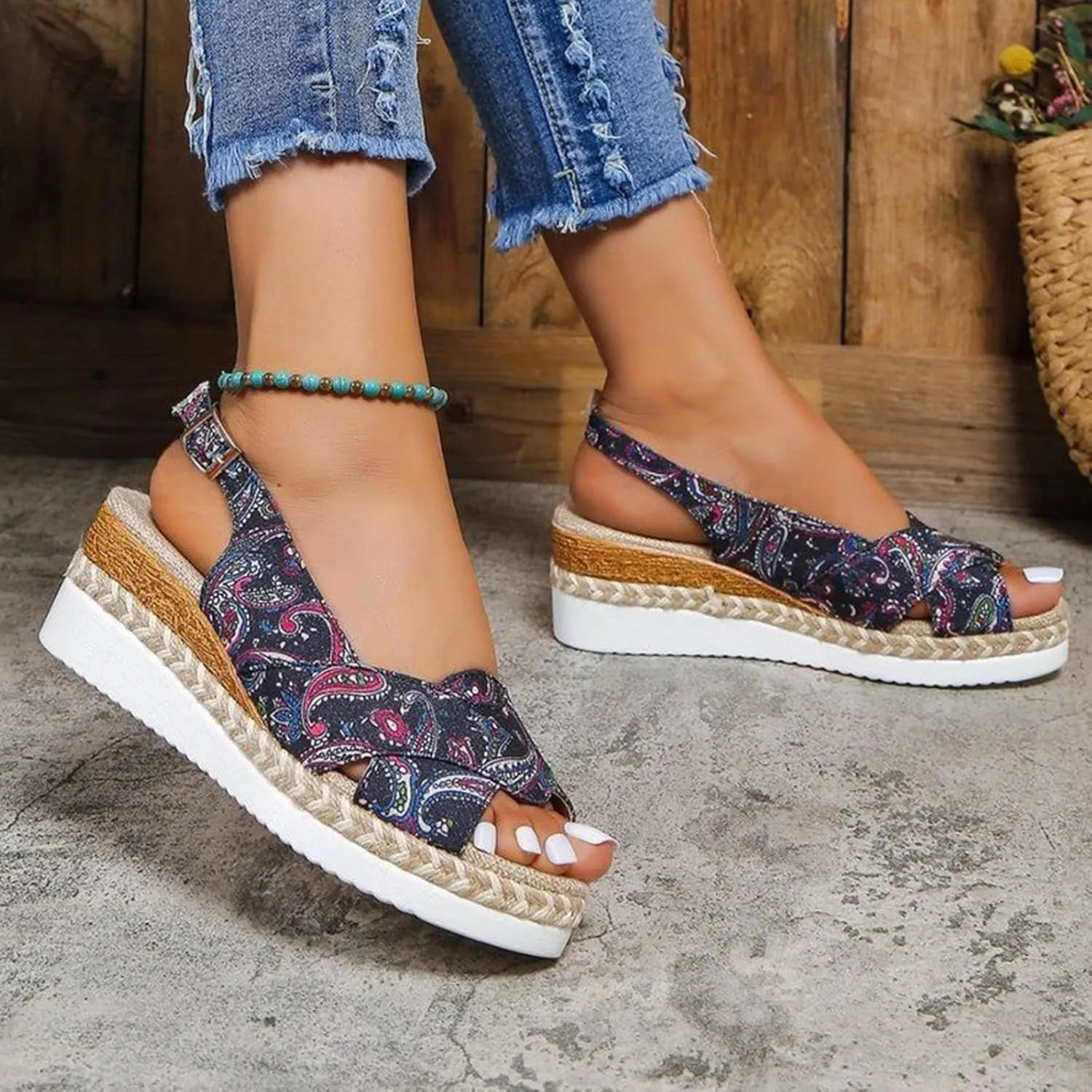 Hbeylia Orthopedic Espadrilles Wedge Sandals for Women Retro Ethnic Platform Open Toe Crisscross Womens Wedge Sandals Concise Casual Slingback Summer Comfortable Beach Walking Shoes