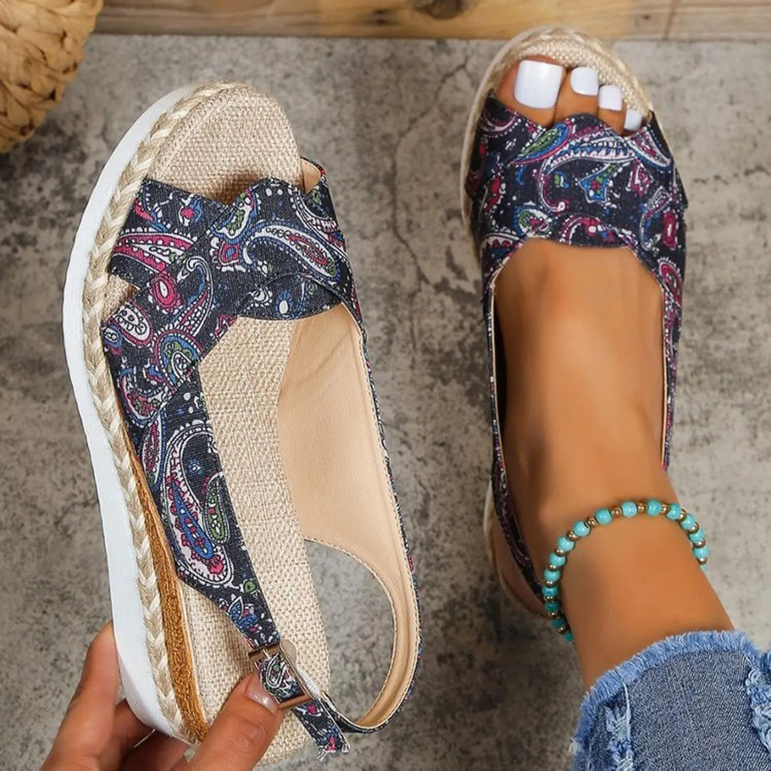Hbeylia Orthopedic Espadrilles Wedge Sandals for Women Retro Ethnic Platform Open Toe Crisscross Womens Wedge Sandals Concise Casual Slingback Summer Comfortable Beach Walking Shoes