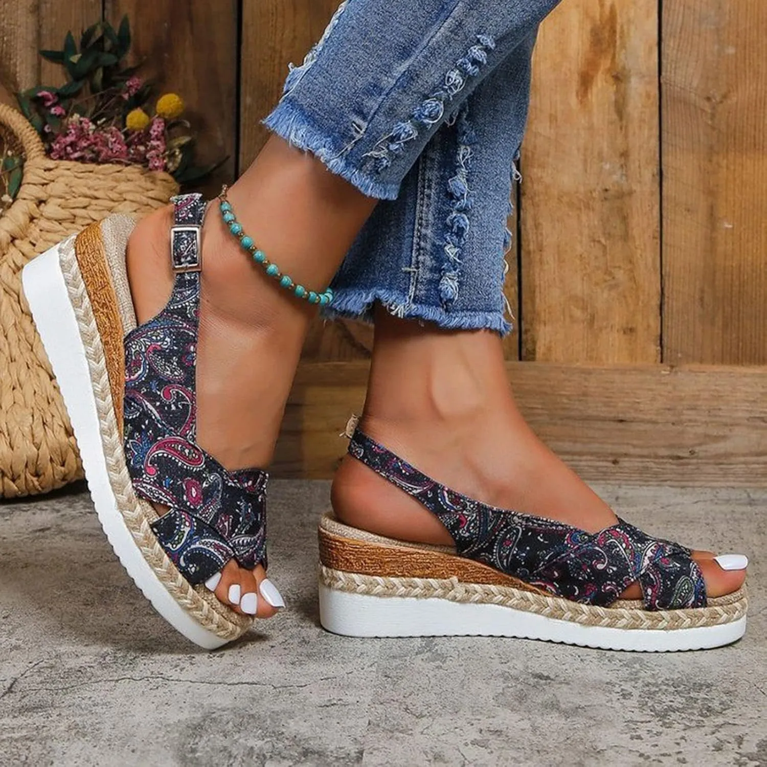 Hbeylia Orthopedic Espadrilles Wedge Sandals for Women Retro Ethnic Platform Open Toe Crisscross Womens Wedge Sandals Concise Casual Slingback Summer Comfortable Beach Walking Shoes