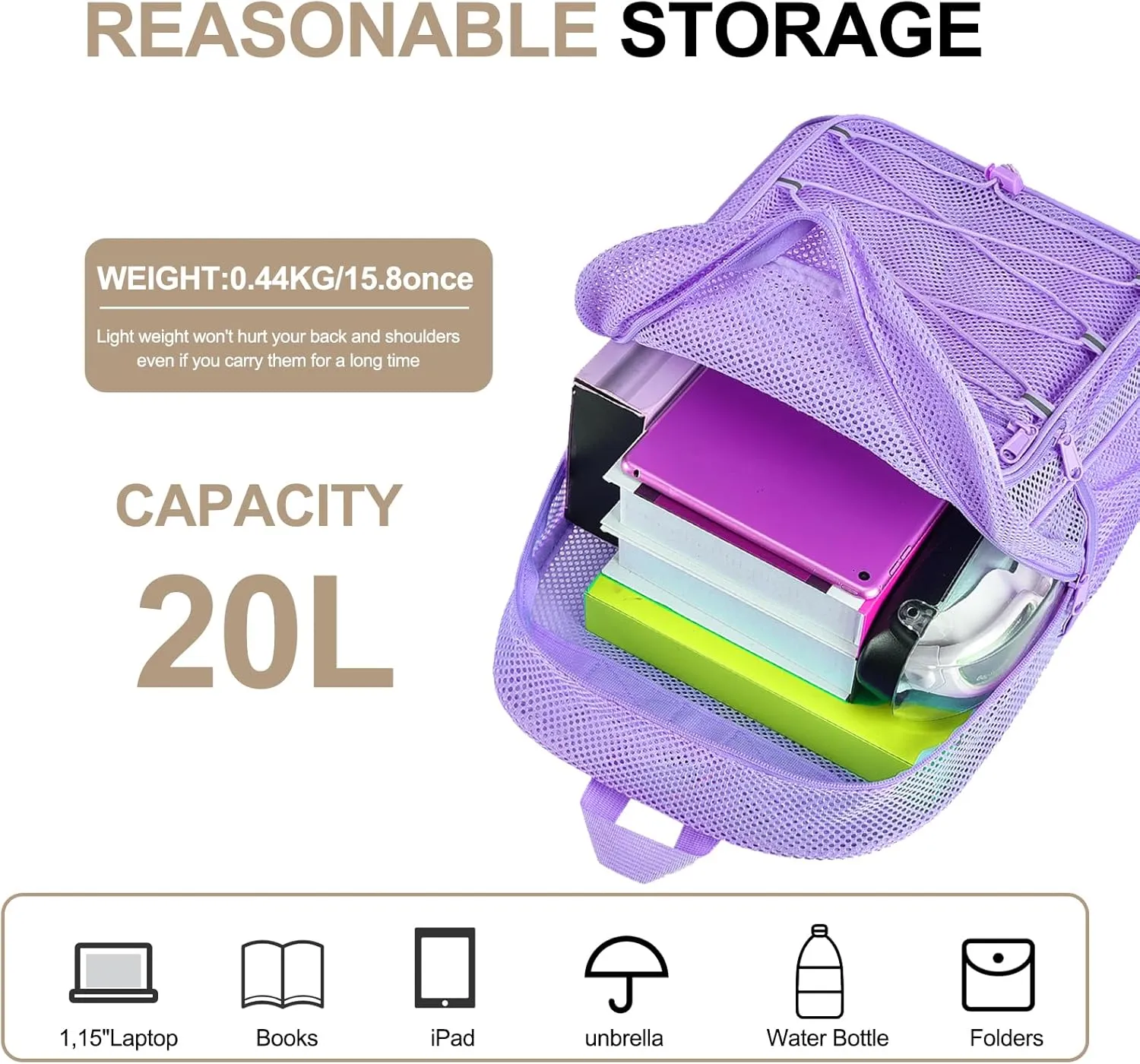 Heavy Duty Mesh Backpacks for Adults, See Through Backpack with Adjustable Straps, Mesh Bags for Swimming(Purple)
