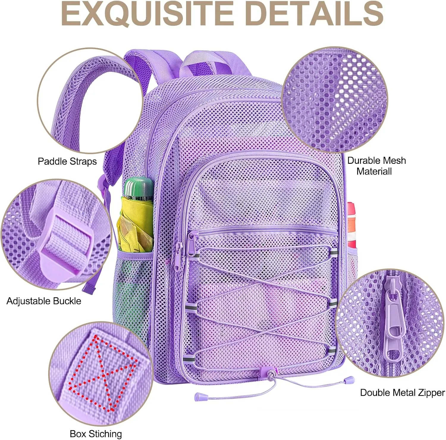 Heavy Duty Mesh Backpacks for Adults, See Through Backpack with Adjustable Straps, Mesh Bags for Swimming(Purple)