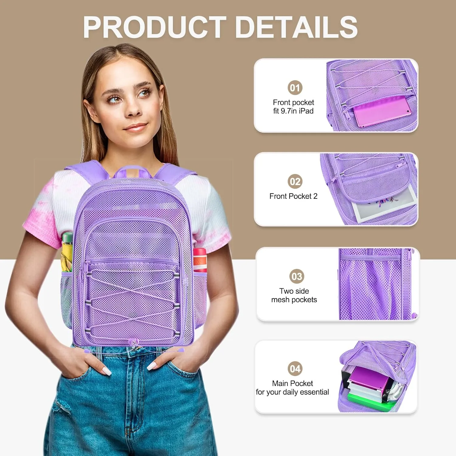 Heavy Duty Mesh Backpacks for Adults, See Through Backpack with Adjustable Straps, Mesh Bags for Swimming(Purple)