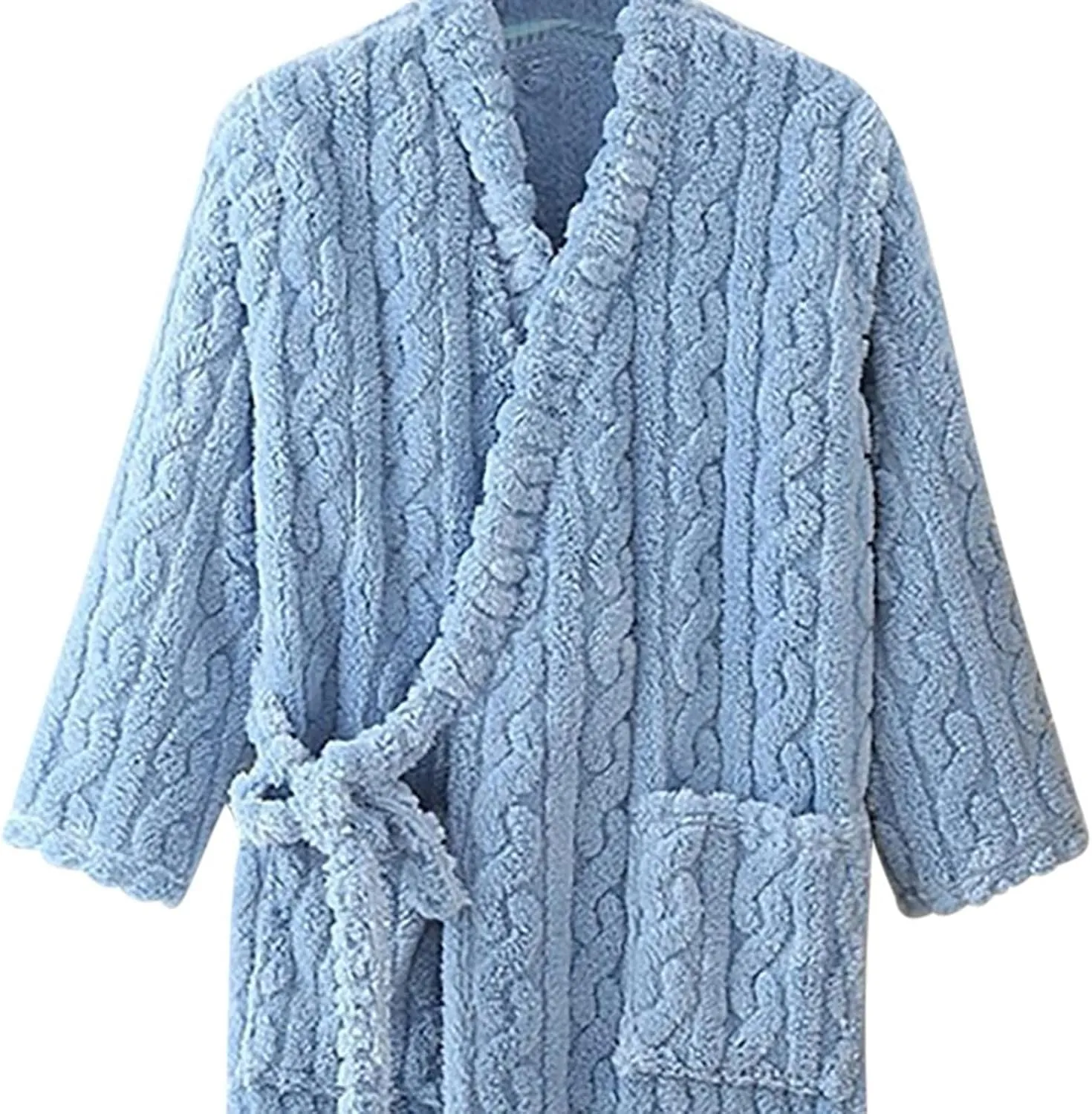 HGps8w Women's Flannel Jacquard Robe, Fuzzy Fleece Cozy Ladies Tie Side Kimono Bathrobe Nightgown Sleepwear with Pockets
