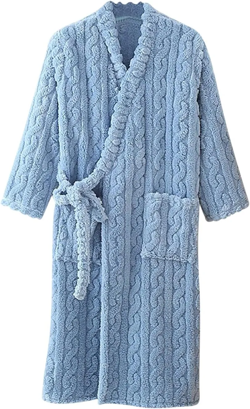 HGps8w Women's Flannel Jacquard Robe, Fuzzy Fleece Cozy Ladies Tie Side Kimono Bathrobe Nightgown Sleepwear with Pockets
