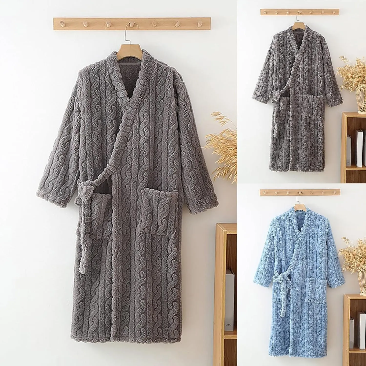 HGps8w Women's Flannel Jacquard Robe, Fuzzy Fleece Cozy Ladies Tie Side Kimono Bathrobe Nightgown Sleepwear with Pockets