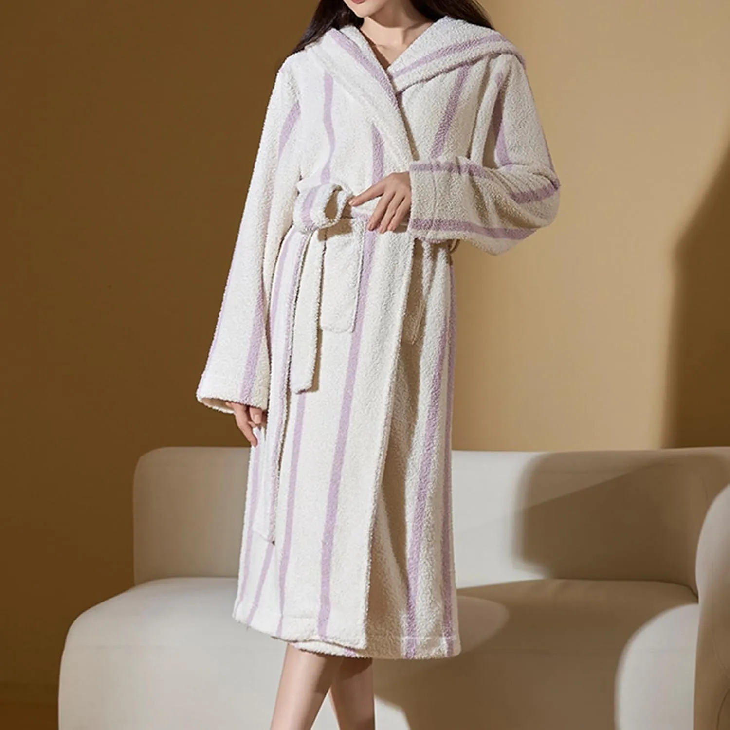 HGps8w Women's Robe, Chic Striped Long Plush Bathrobe, Winter Thick Warm Sleepwear Flannel Cardigan Nightgown