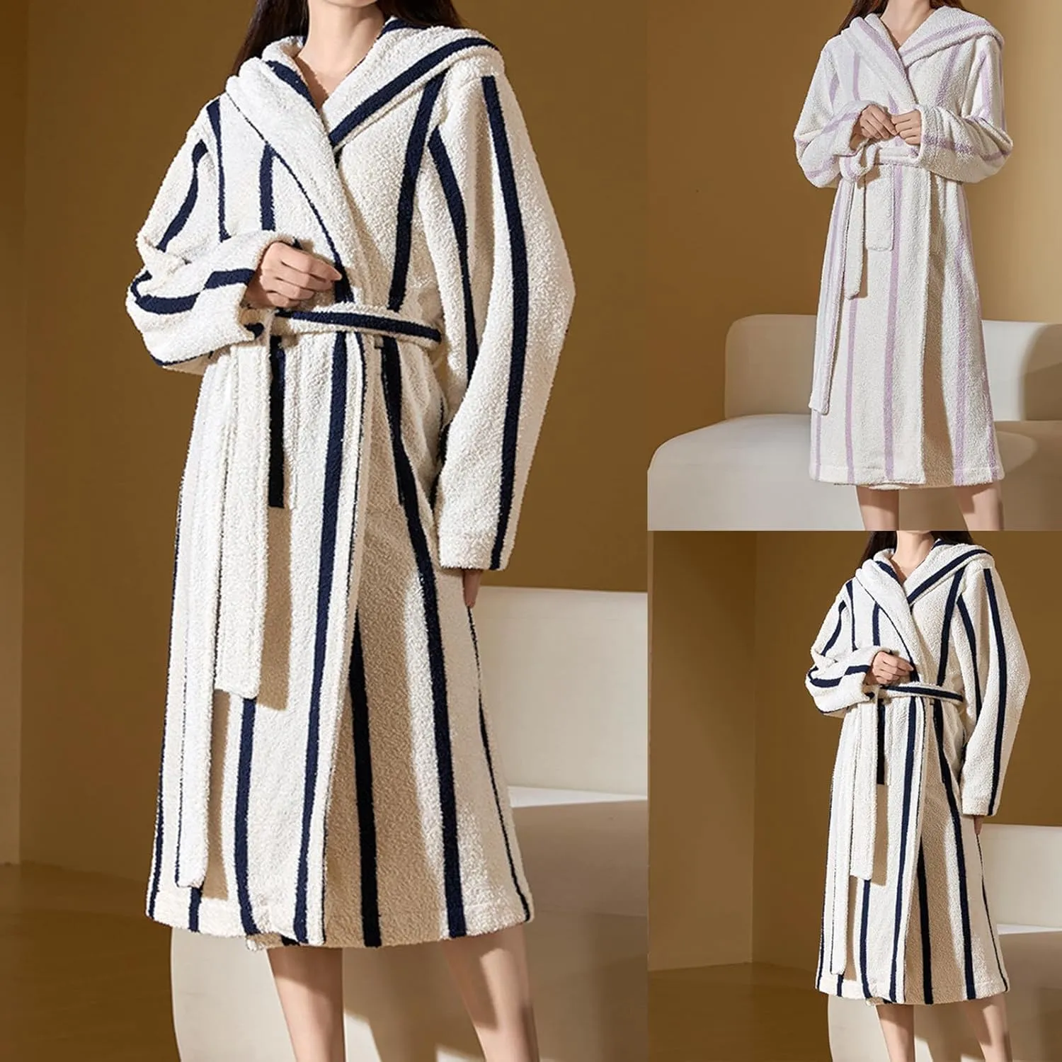 HGps8w Women's Robe, Chic Striped Long Plush Bathrobe, Winter Thick Warm Sleepwear Flannel Cardigan Nightgown