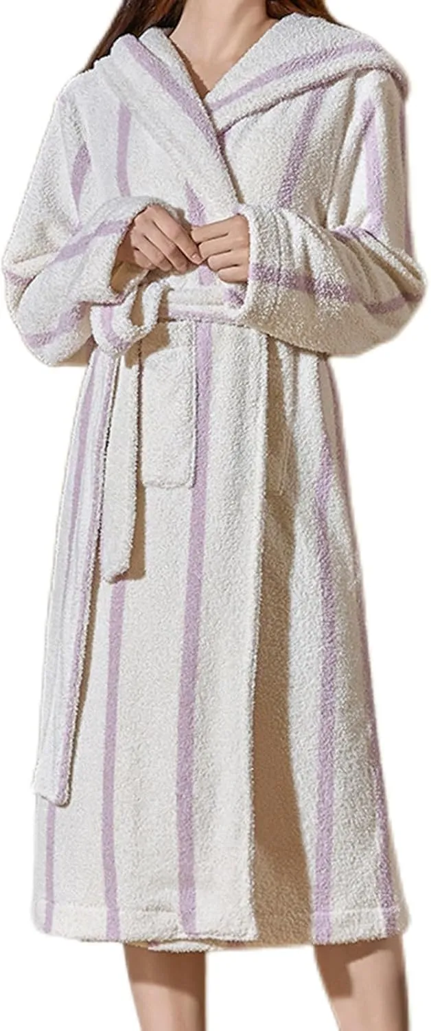 HGps8w Women's Robe, Chic Striped Long Plush Bathrobe, Winter Thick Warm Sleepwear Flannel Cardigan Nightgown