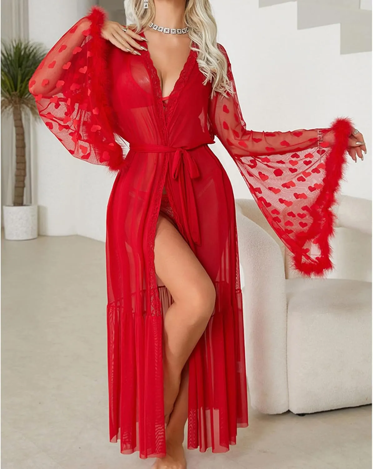 HGps8w Womens Satin Kimono Robe Sexy Feather Trim Long Sleeve Dressing Gown Bathrobe Mesh Dots Patchwork Bride Robe Nightwear